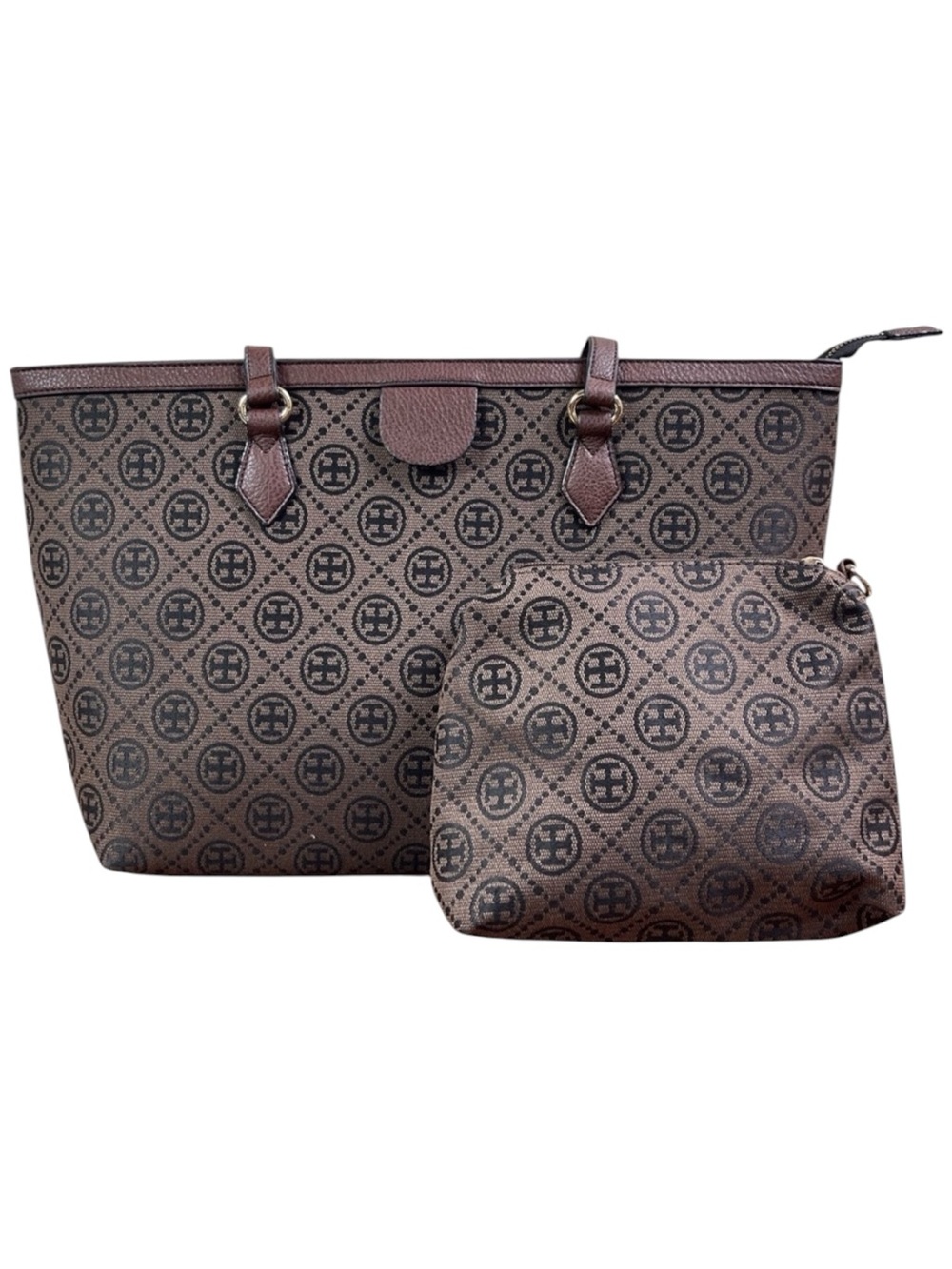 Designer Brown T Monogram Coated Canvas Zip Tote Bag